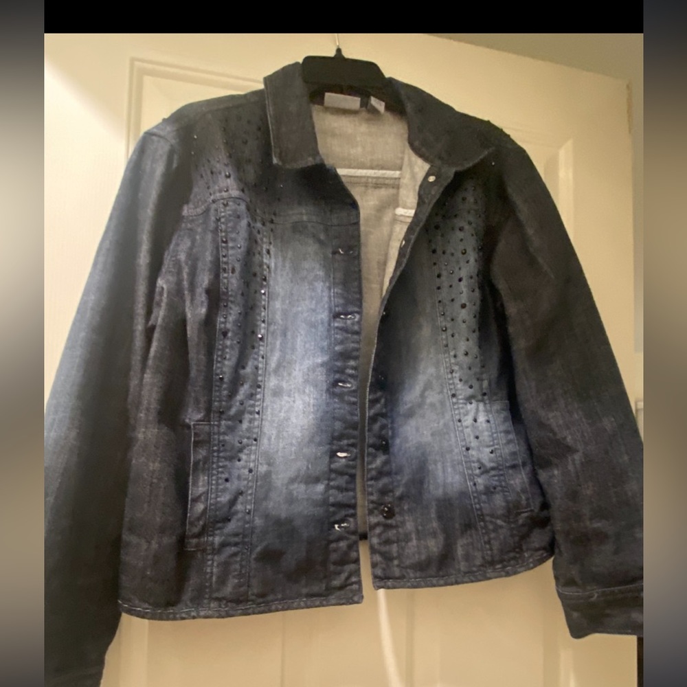 Chico’s Platinum Distressed Black Denim Embellished Jacket in SZ 3=16-18. Button